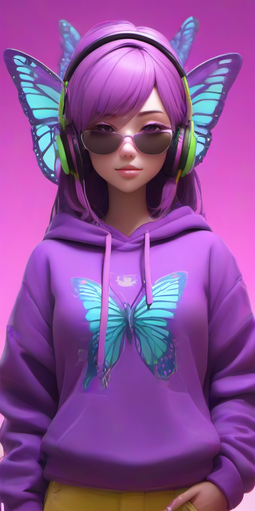 05654-4269344476-Masterpice,High Quality,portrait,3d,3d animation,_ _lora_PE_ButterflyLady_0.7_ PEButterflyLady, _wearing a hoodie,headphones,sun.png